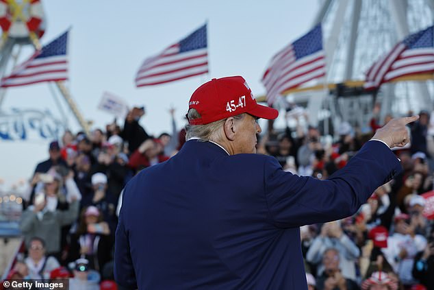 Trump leaves the stage after speaking during a campaign rally in Wildwood Beach on May 11, 2024 in Wildwood, New Jersey