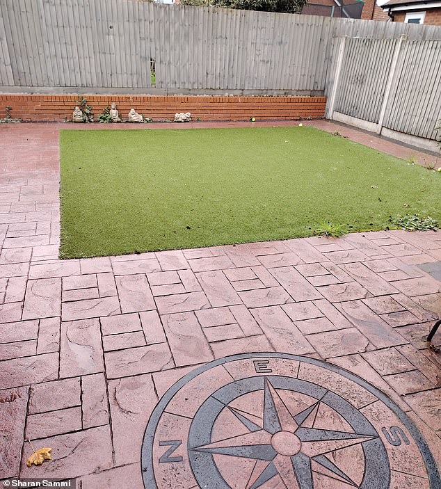 After: The couple's low-maintenance artificial lawn and paving garden