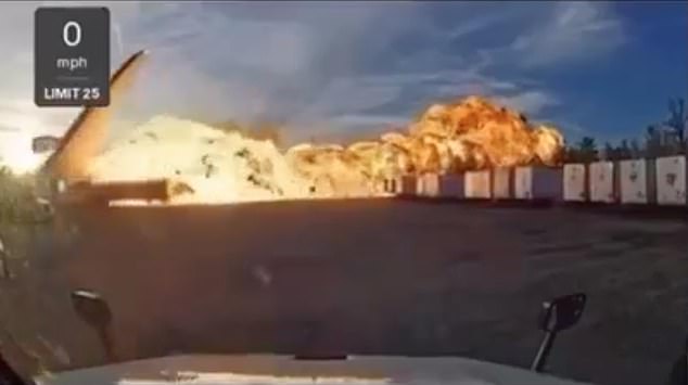 The on-fire plane careened across the car park of one business as a truck driver was sat inside