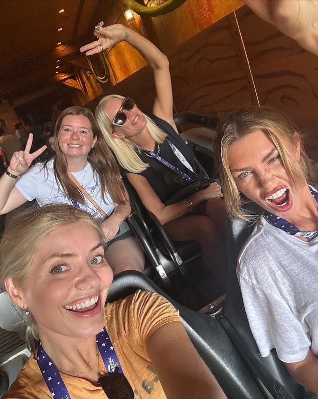The TV star boasted about how she had been given a freebie holiday from British Airways to Universal Orlando, alongside celebrity friends including Holly Willoughby, bottom left, and Abbey Clancy, bottom right