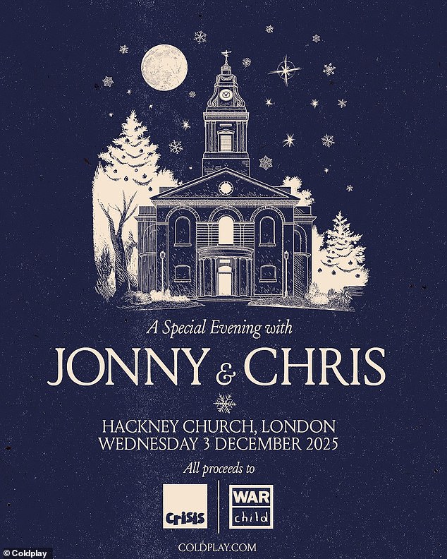 Chris and Coldplay guitarist Jonny Buckland are next scheduled to perform a special show at Hackney Church in London on December 3 benefitting the charities Crisis and War Child