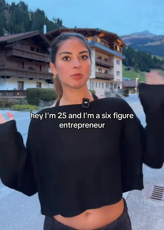 Woman speaking with text overlay "hey I'm 25 and I'm a six figure entrepreneur".