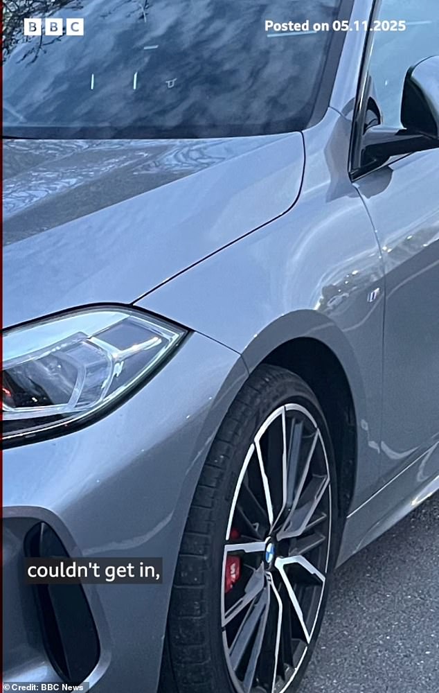 Mr Scott's car pictured after the attack. He was waiting in the car park at Huntingdon when the alleged attacker emerged