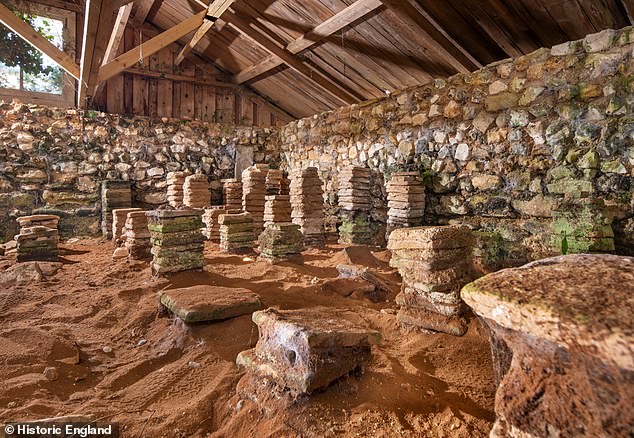 The underfloor system, supported by small columns, would have circulated hot air to warm the rooms. The protective building around it is now at risk and its shelter needs repair