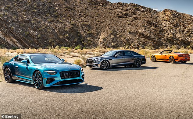 Bentley will offer hybridised versions of its Continental GT Coupe (left), Convertible (right) and Flying Spur (middle) until 2035 at least and brought in a ICE Bentayga Speed this year