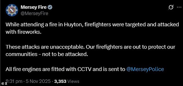 Merseyside fire services released a statement at 8.30pm stating that their firefighters had been targeted and attacked with fireworks while attending a fire in Huyton
