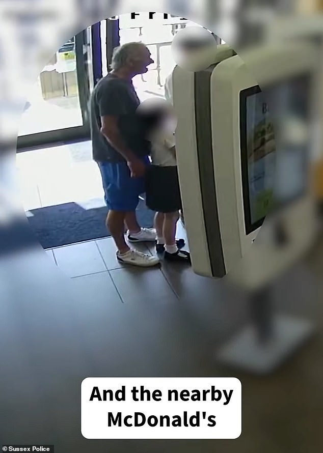 Footaged showed the killer standing beside the couple's children, wearing a pair of blue shorts, as they ordered food from a digital screen in a McDonald's