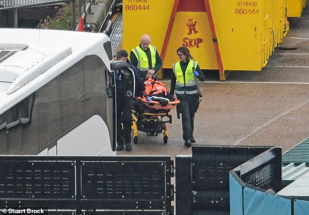 One migrant was brought ashore on a stretcher at the Port of Dover, receiving medical care