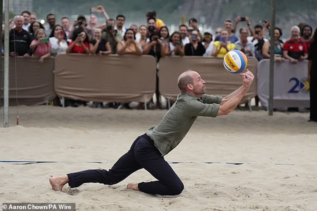William also impressed onlookers with his physique as he played volleyball on Copacabana beach alongside Olympic star Carolina Solberg