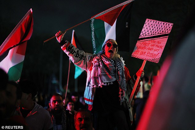 Such is the fear of heightened tensions between Palestinian supporters, pictured, and pro-Israeli campaigners that nearby schools closed early on Thursday