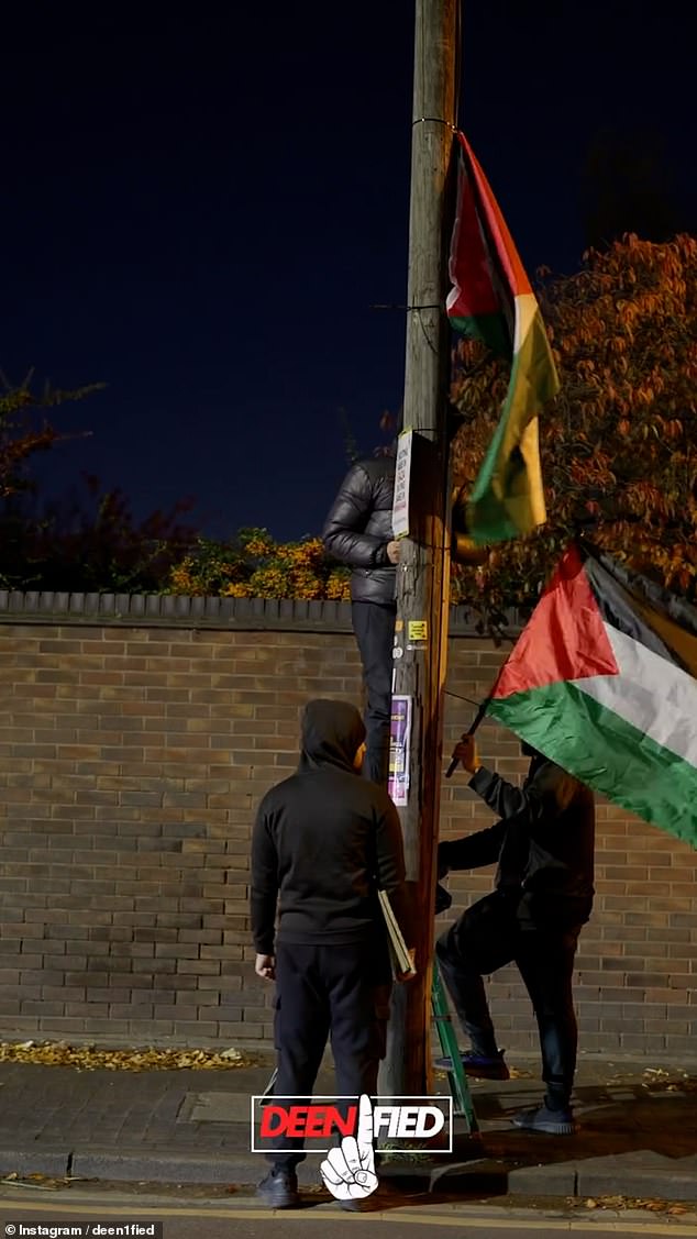 The hooded and masked activists attached Palestinian flags to telegraph poles just metres away from the grounds of Aston Villa's stadium
