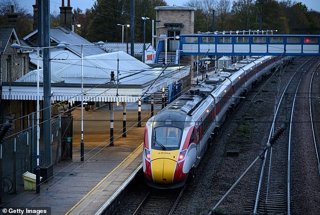 The train sitting at the platform in Huntingdon on Sunday morning, after passengers and rail staff were attacked