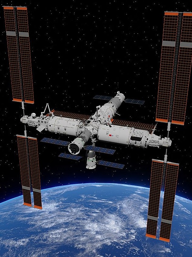 China's Tiangong space station (Pictured) was launched in 2021 and orbits about 250 miles above Earth