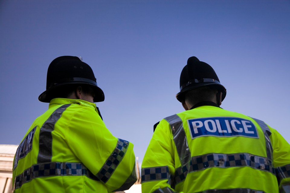 Two British Policemen wearing Traditional Helmets-Click below for more.