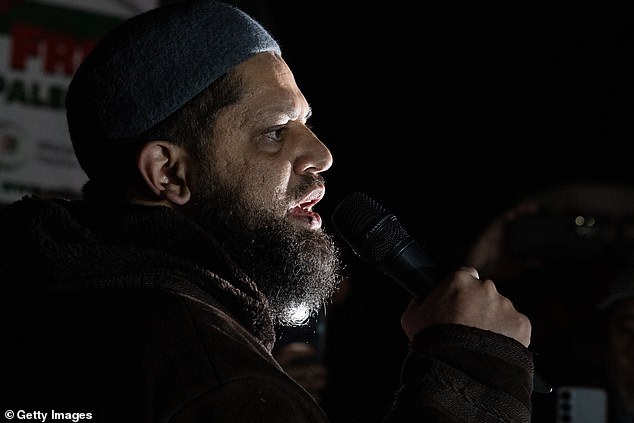 Imam Asrar Rashid addresses the protest against Maccabi Tel Aviv