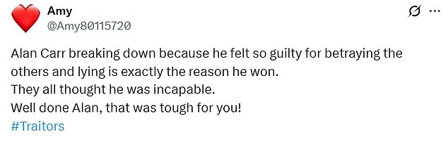 Fans of the show took to X to comment on the epic scenes, sharing their disbelief as how Alan managed to win