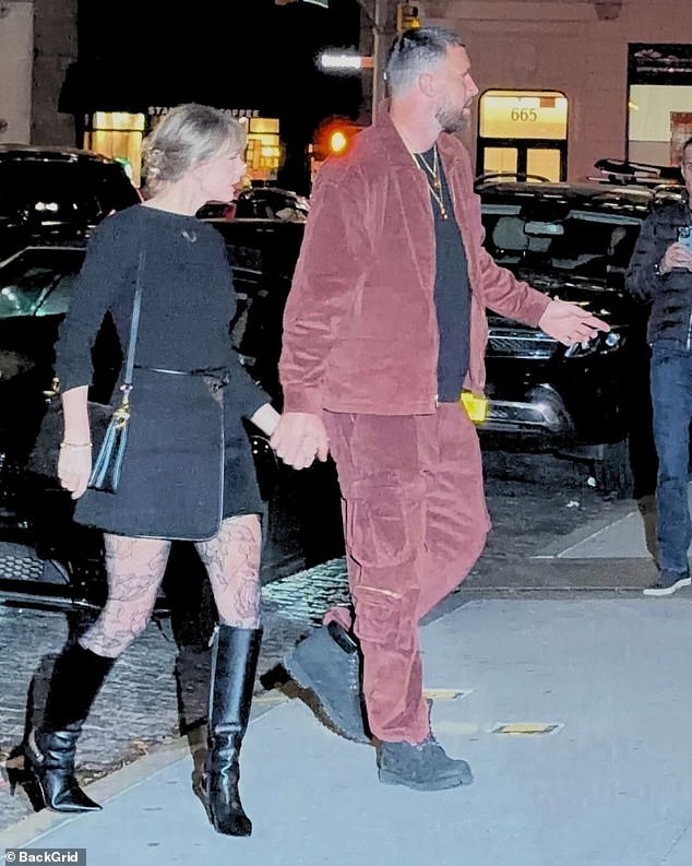 The three-time Super Bowl champion towered over his superstar wife-to-be in an eye-catching corduroy track suit and a black T-shirt