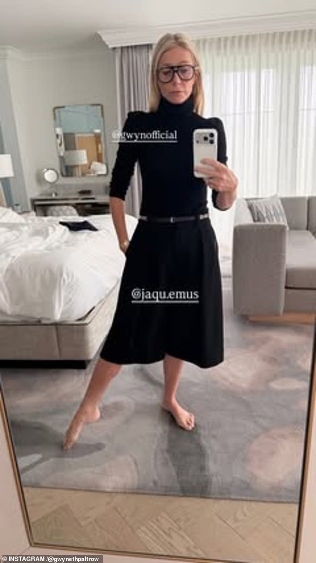 For the annual conference, Paltrow slipped into a chic all-black outfit consisting of a turtleneck top, skirt and a skinny belt with a dainty gold buckle