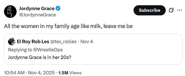Firing back by poking fun at herself, Grace wrote, 'All the women in my family age like milk, leave me be'