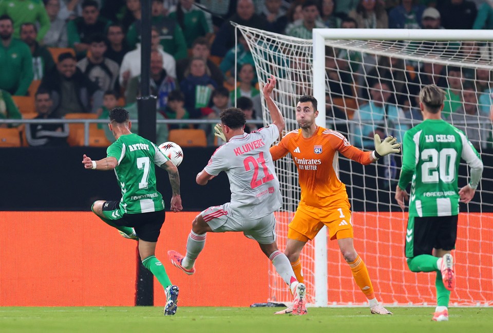 Antony of Real Betis scores his team's second goal during a UEFA Europa League match.