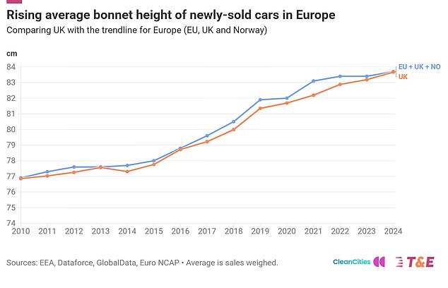 T&E's analysis of the new car market found that the average bonnet height of a passenger car sold in the UK has jumped from 77cm in 2010 to 84cm in 2024