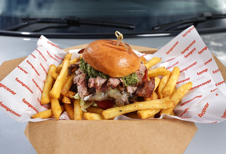 Tempcover branded burger and fries in a paper tray.
