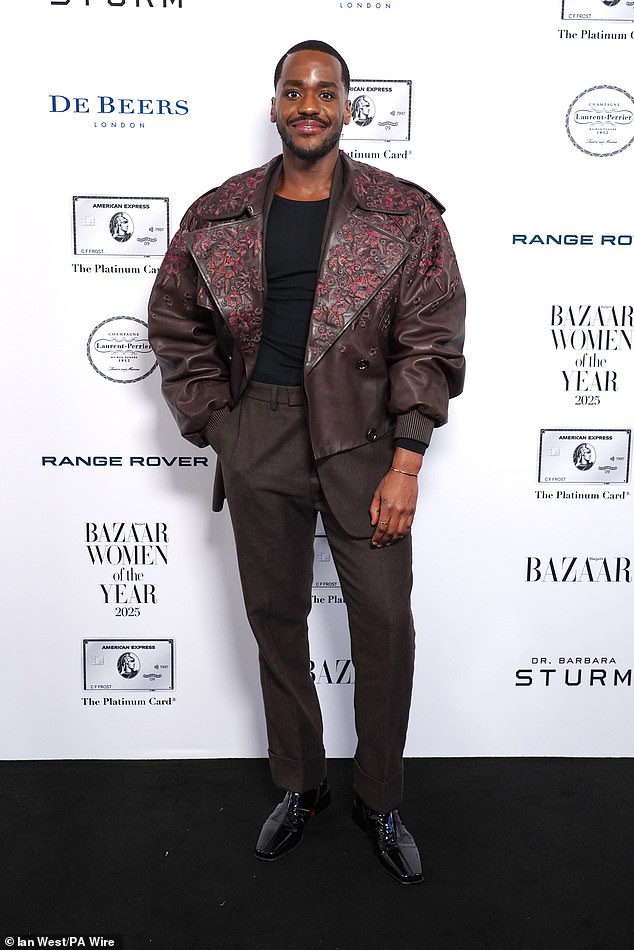 Ncuti Gatwa cut a trendy figure in a brown leather jacket and trousers