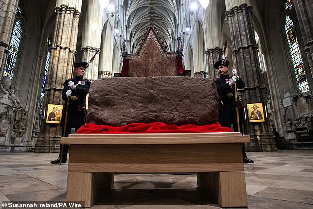 Pictured, a service to mark the arrival of the Stone of Destiny to Westminster Abbey in London in April 2023