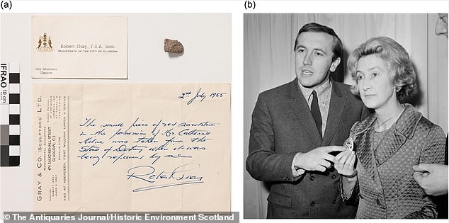 In this image, photo (a) shows a fragment donated to Australian Catherine Milne, while (b) shows Scottish politician Winnie Ewing with TV host David Frost Winnie Ewing wearing her necklace with the inset stone fragment