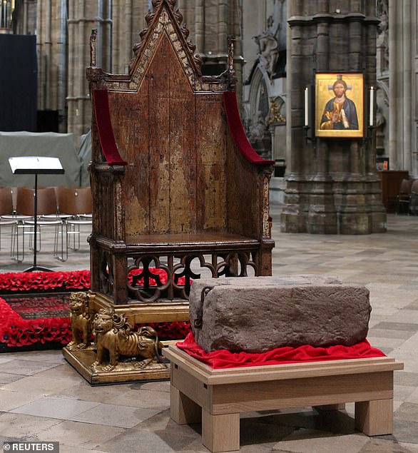 Also known as Stone of Scone, the revered object has long been an ancient symbol of the Scottish and British monarchy, used since the 1300s for the inauguration of kings and queens. Pictured, inside Westminster Abbey during a welcome ceremony, April 29, 2023