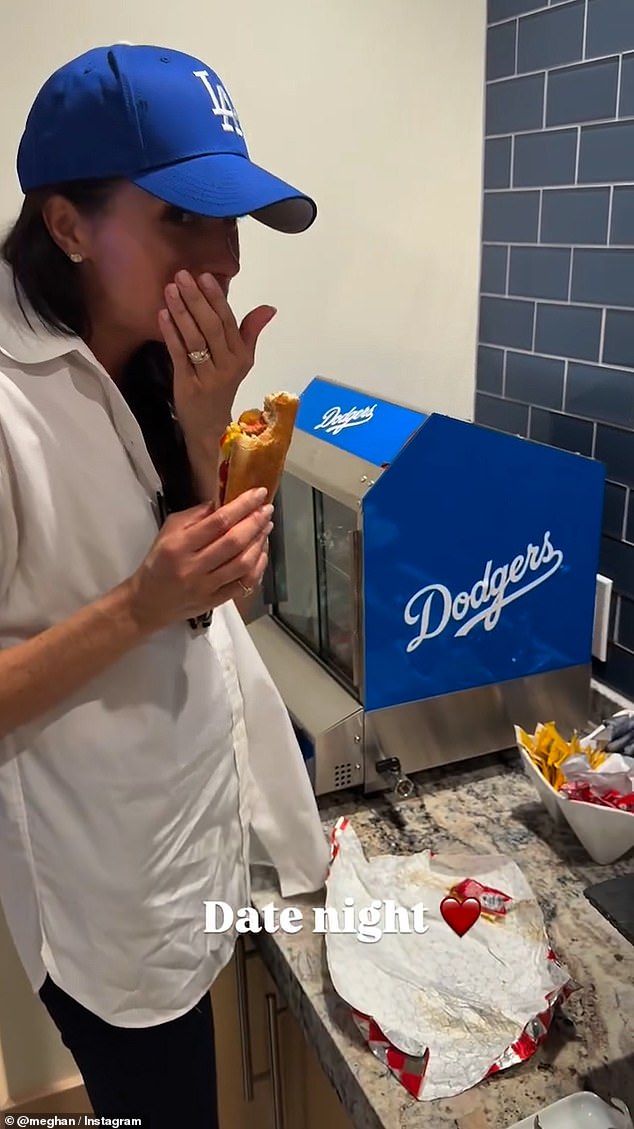 In her story, the Duchess of Sussex poses with Prince Harry at field side, followed by Prince Harry filming her looking at the different trophies, eating a hot dog, and at field side