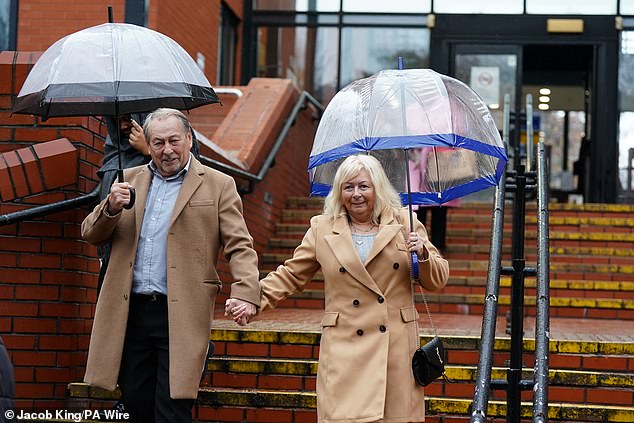 Karen Spragg, 61, leaving Leicester Crown Court. She  was acquitted of stalking and harassment but also handed the same restraining order after the judge said Spragg ‘enjoyed the drama’ and supported Wandelt while ‘indulging in her conspiracy theories’.