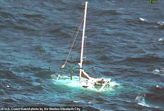 The crew aboard the sailboat 'Magic Bus' issued a mayday call to watchstanders at the Sector North Carolina Command Center after their boat began sinking (pictured), forcing them to take refuge in a life raft