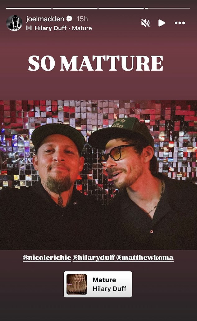 Madden promoted the song on Instagram by sharing a photo of himself and her husband Matthew Koma, indicating that they're friends and that he's still on good terms with Duff