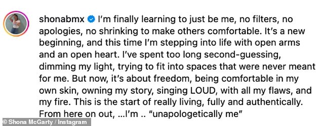 The soap star , who played Whitney Dean from 2008 until 2024, penned: 'I¿m finally learning to just be me, no filters, no apologies, no shrinking to make others comfortable