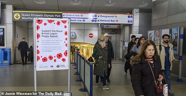 There was a sign encouraging people to support Poppy Day at Statford Station but few people passing by could be seen wearing them