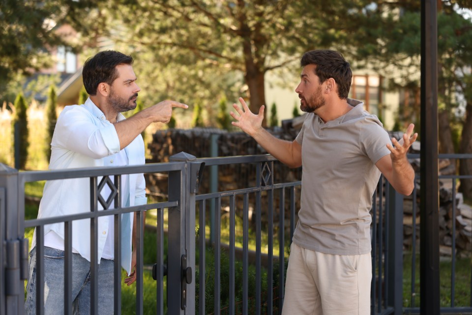 Two adult men arguing over a fence in a neighborhood.