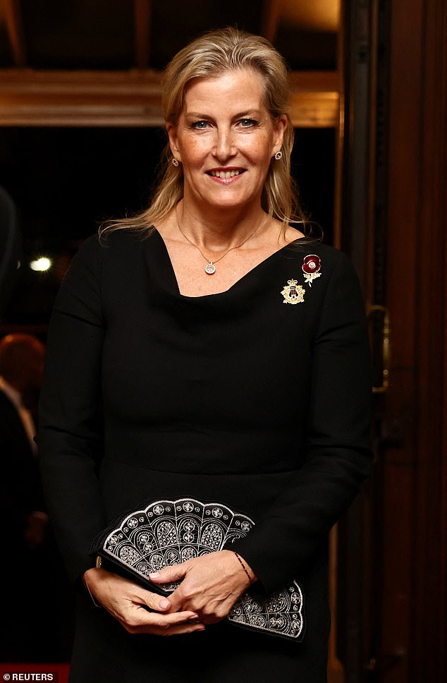 Sophie, the Duchess of Edinburgh, wears a black dress with a statement poppy pin and holds a purse decorated to look like an intricate fan