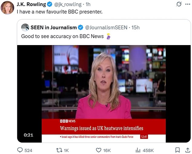 Ms Rowling reposted the clip on X, captioning it: 'I have a new favourite BBC presenter'