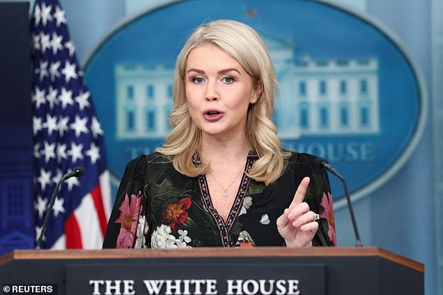 Trump's press secretary Karoline Leavitt (pictured) has also waded into the controversy describing the BBC as '100 per cent fake news' and a 'propaganda machine'