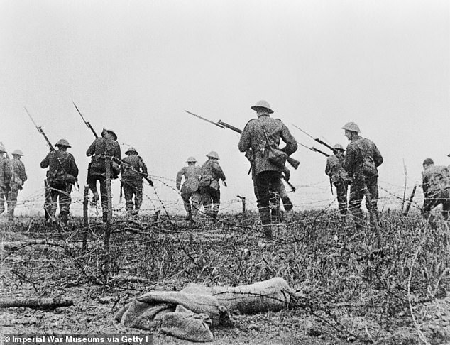 In the early days of the Battle of the Somme (pictured) in July 1916, by then aged 36 and a temporary lieutenant-colonel attached to the Gloucestershire Regiment, commanding the 8th battalion, Sir Adrian was shot again, this time through the skull and ankle