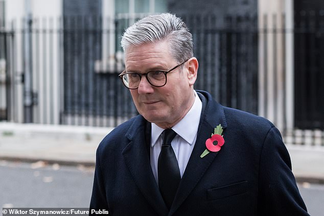 Prime Minister Keir Starmer at last year's Remembrance Sunday service. Gove writes: 'In the shabby, twilit days of Starmerism, faith in our country, and pride in our shared inheritance, is now the love that dare not speak its name'