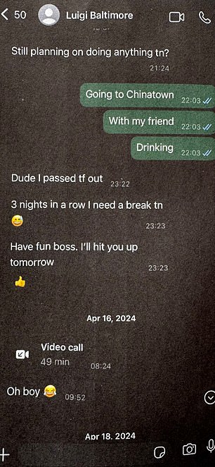 Later in the conversation, Mangione also confessed to being so hungover that he needed to take a night off from partying