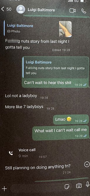 The texts purportedly show Mangione describing the incident as a 'f***king nuts story' involving '7 ladyboys'
