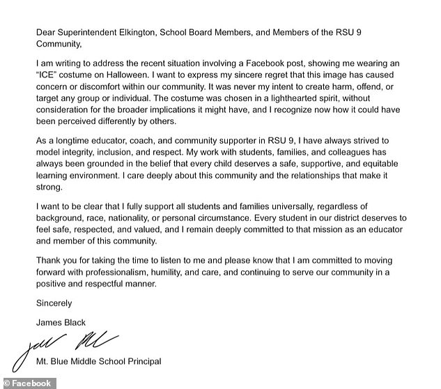In his apology letter (pictured), Black stressed his long-standing dedication to inclusion and respect at RSU 9, noting his active involvement in the community