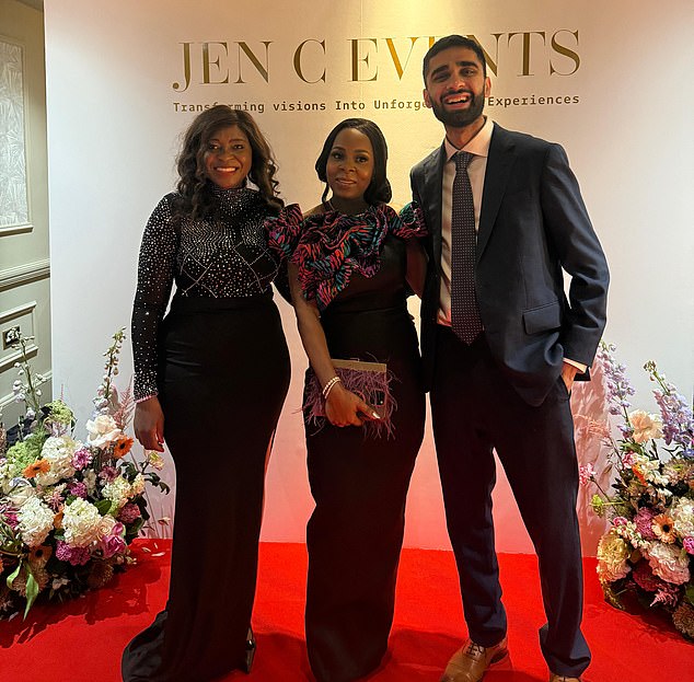 Jennifer Crook (left) and Aadam Patel pose with Sheila at an unusual evening event