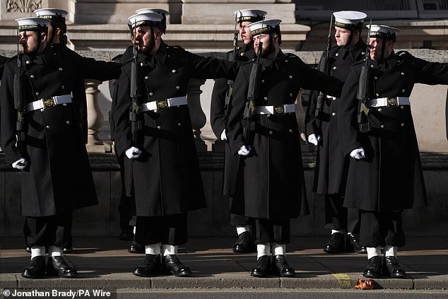 Royal Navy personnel form up on Whitehall ahead of the Remembrance Sunday service at the Cenotaph in London. Picture date: Sunday November 9, 2025. PA Photo. Photo credit should read: Jonathan Brady/PA Wire