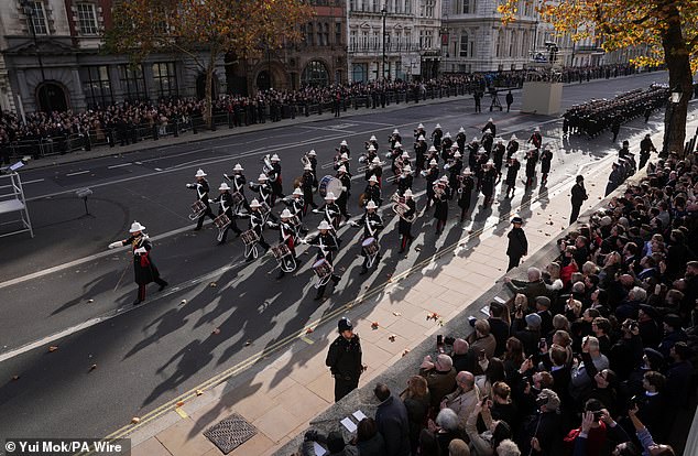 The Band of the Royal Marines march on Whitehall ahead of the Remembrance Sunday service at the Cenotaph in London. Picture date: Sunday November 9, 2025. PA Photo. Photo credit should read: Yui Mok/PA Wire