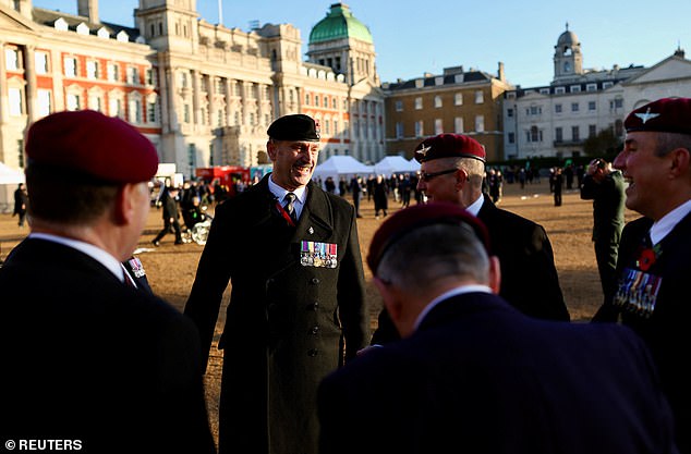 Veterans gather on Horse Guards Parade ahead of the Royal British Legion's March Past the Cenotaph on Remembrance Sunday in London, Britain, November 9, 2025. REUTERS/Kevin Coombs