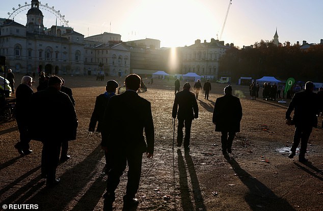 Veterans gather on Horse Guards Parade ahead of the Royal British Legion's March Past the Cenotaph on Remembrance Sunday in London, Britain, November 9, 2025. REUTERS/Kevin Coombs